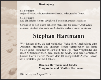 Traueranzeige von Stephan Hartmann von Thüringer Allgemeine, Thüringische Landeszeitung