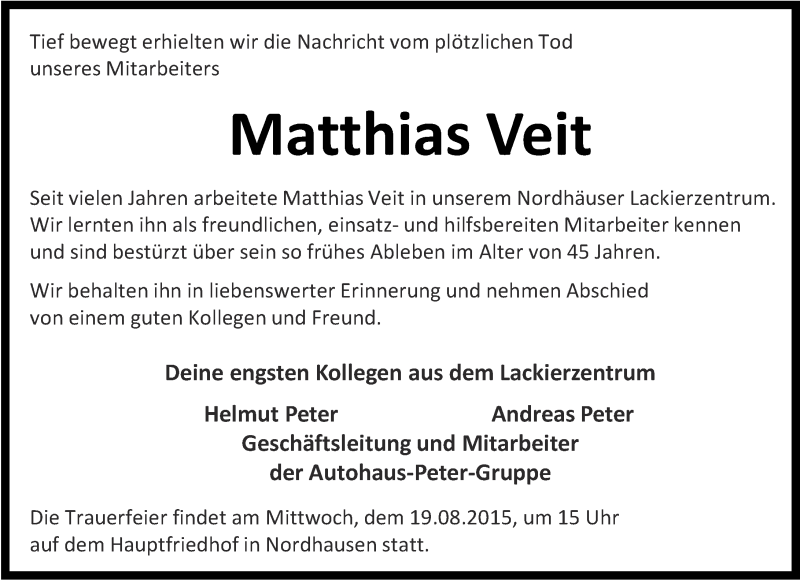  Traueranzeige für Matthias Veit vom 17.08.2015 aus Thüringer Allgemeine