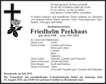 Traueranzeige von Friedhelm Peekhaus von Thüringer Allgemeine, Thüringische Landeszeitung