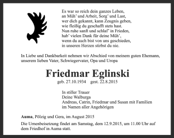 Traueranzeige von Friedmar Eglinski von Ostthüringer Zeitung