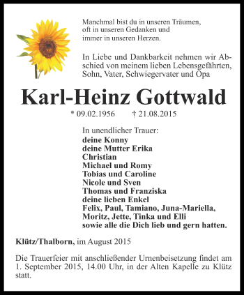 Traueranzeige von Karl-Heinz Gottwald von Thüringer Allgemeine, Thüringische Landeszeitung