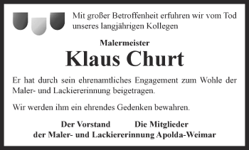 Traueranzeige von Klaus Churt von Thüringer Allgemeine