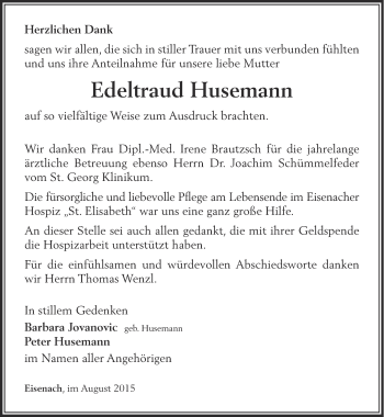 Traueranzeige von Edeltraud Husemann von Thüringer Allgemeine, Thüringische Landeszeitung
