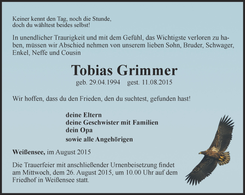  Traueranzeige für Tobias Grimmer vom 15.08.2015 aus Thüringer Allgemeine