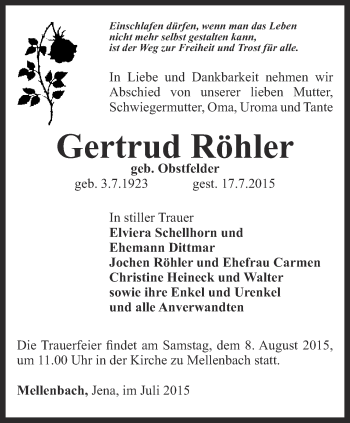 Traueranzeige von Gertrud Röhler von Ostthüringer Zeitung