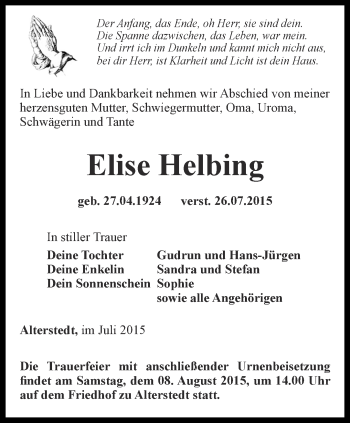 Traueranzeige von Elise Helbing von Thüringer Allgemeine, Thüringische Landeszeitung