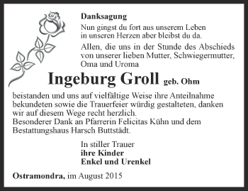 Traueranzeige von Ingeburg Groll von Thüringer Allgemeine
