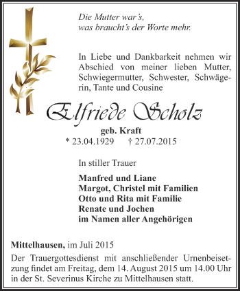 Traueranzeige von Elfriede Scholz von Thüringer Allgemeine, Thüringische Landeszeitung