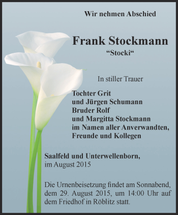 Traueranzeige von Frank Stockmann von Ostthüringer Zeitung