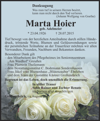 Traueranzeige von Hoier Marta von Thüringer Allgemeine