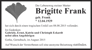 Traueranzeige von Brigitte Frank von Ostthüringer Zeitung, Thüringische Landeszeitung