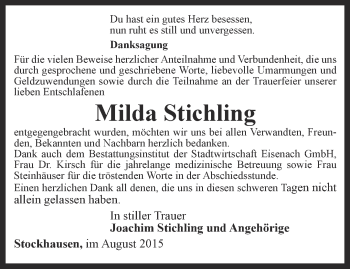 Traueranzeige von Milda Stichling von Thüringer Allgemeine, Thüringische Landeszeitung