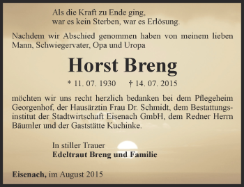 Traueranzeige von Horst Breng von Thüringer Allgemeine, Thüringische Landeszeitung