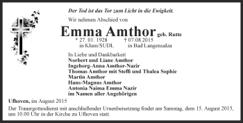 Traueranzeige von Emma Amthor von Thüringer Allgemeine, Thüringische Landeszeitung