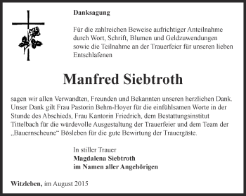 Traueranzeige von Manfred Siebtroth von Thüringer Allgemeine