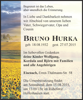 Traueranzeige von Bruno Hurka von Thüringer Allgemeine, Thüringische Landeszeitung