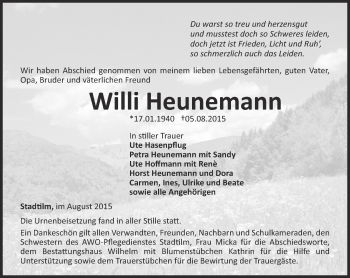 Traueranzeige von Willi Heunemann von Thüringer Allgemeine