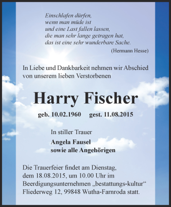 Traueranzeige von Harry Fischer von Thüringer Allgemeine, Thüringische Landeszeitung