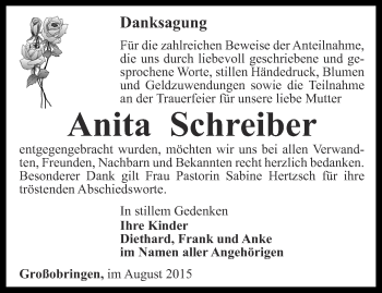 Traueranzeige von Anita Schreiber von Thüringer Allgemeine, Thüringische Landeszeitung