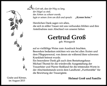 Traueranzeige von Gertrud Groß von Thüringer Allgemeine, Thüringische Landeszeitung