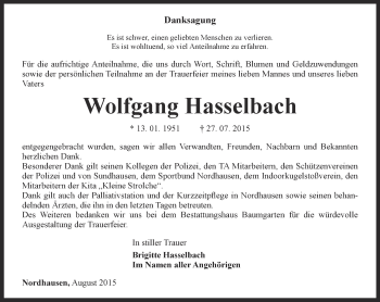 Traueranzeige von Wolfgang Hasselbach von Thüringer Allgemeine