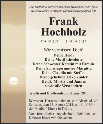 Traueranzeige von Frank Hochholz von Ostthüringer Zeitung