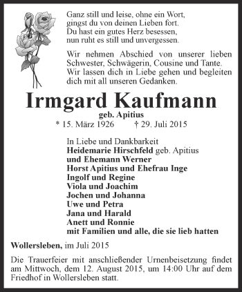 Traueranzeige von Irmgard Kaufmann von Thüringer Allgemeine