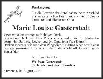 Traueranzeige von Marie Louise Gasterstedt von Thüringer Allgemeine, Thüringische Landeszeitung