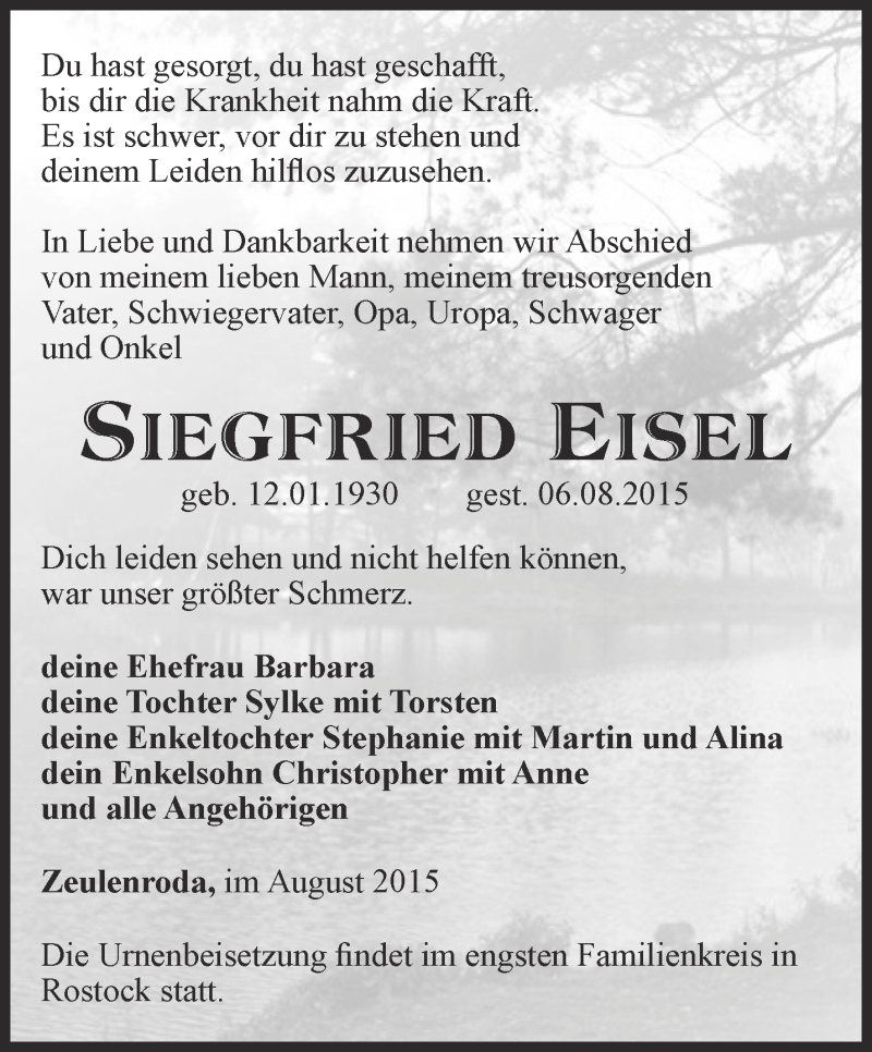  Traueranzeige für Siegfried Eisel vom 15.08.2015 aus Ostthüringer Zeitung