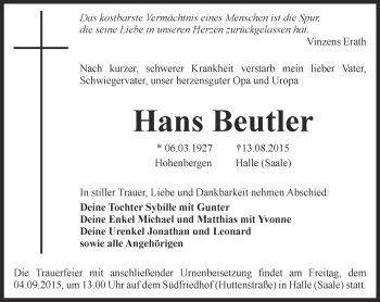 Traueranzeige von Hans Beutler von Thüringer Allgemeine, Thüringische Landeszeitung