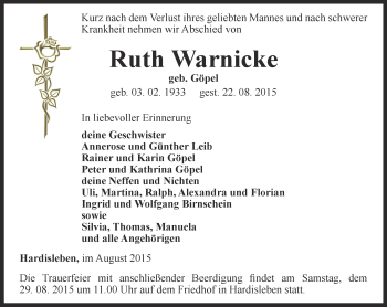 Traueranzeige von Ruth Warnicke von Thüringer Allgemeine, Thüringische Landeszeitung