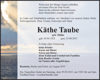 Traueranzeige von Käthe Taube von Ostthüringer Zeitung