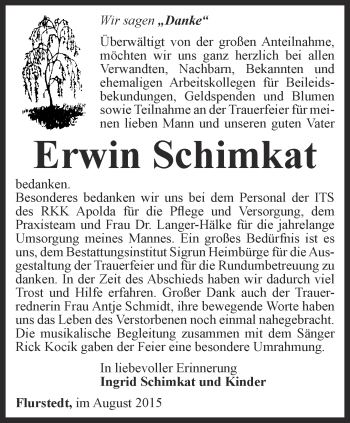 Traueranzeige von Erwin Schimkat von Thüringer Allgemeine, Thüringische Landeszeitung