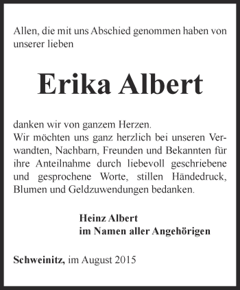 Traueranzeige von Erika Albert von Ostthüringer Zeitung