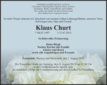 Traueranzeige von Klaus Churt von Thüringer Allgemeine, Thüringische Landeszeitung