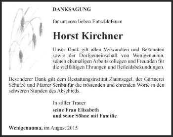 Traueranzeige von Horst Kirchner von Ostthüringer Zeitung