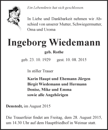 Traueranzeige von Ingeborg Wiedemann von Thüringer Allgemeine, Thüringische Landeszeitung