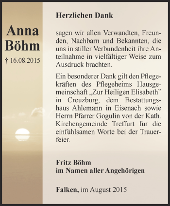 Traueranzeige von Anna Böhm von Thüringer Allgemeine, Thüringische Landeszeitung