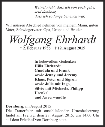 Traueranzeige von Wolfgang Ehrhardt von Ostthüringer Zeitung, Thüringische Landeszeitung