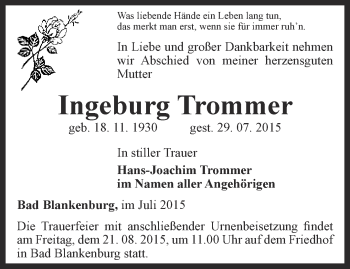 Traueranzeige von Ingeburg Trommer von Ostthüringer Zeitung