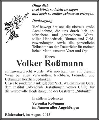 Traueranzeige von Volker Roßmann von Ostthüringer Zeitung