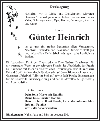 Traueranzeige von Günter Heinrich von Ostthüringer Zeitung