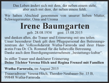 Traueranzeige von Irene Baumgarten von Thüringer Allgemeine, Thüringische Landeszeitung