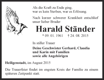 Traueranzeige von Harald Ständer von Thüringer Allgemeine