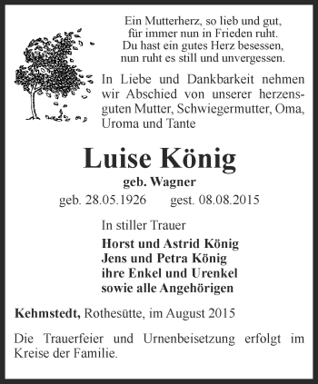 Traueranzeige von Luise König von Thüringer Allgemeine