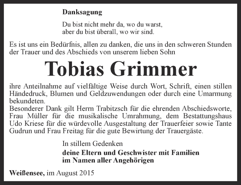  Traueranzeige für Tobias Grimmer vom 28.08.2015 aus Thüringer Allgemeine