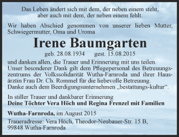 Traueranzeige von Irene Baumgarten von Thüringer Allgemeine, Thüringische Landeszeitung