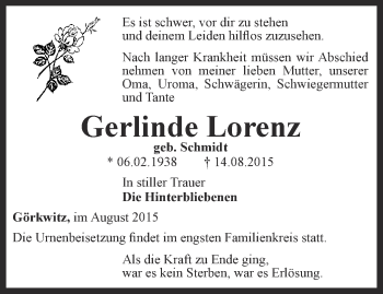 Traueranzeige von Gerlinde Lorenz von Ostthüringer Zeitung