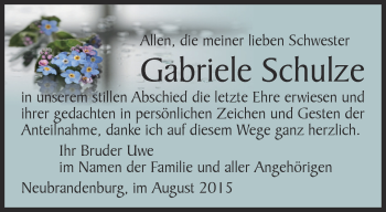 Traueranzeige von Gabriele Schulze von Ostthüringer Zeitung, Thüringische Landeszeitung
