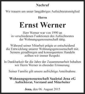 Traueranzeige von Ernst Werner von Ostthüringer Zeitung, Thüringische Landeszeitung